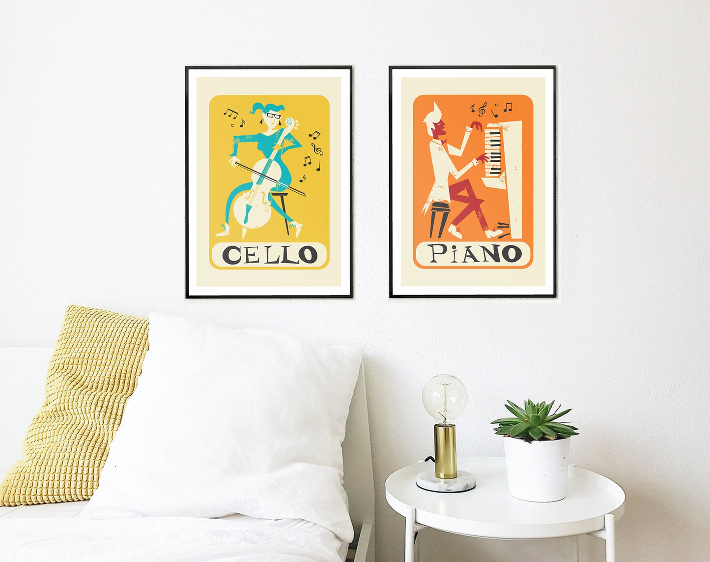 Music Gift Set of Two Posters, Cello and Piano Prints, Bedroom Wall Art Decor Orange Yellow