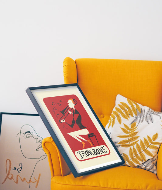 Unique Trombone Poster Gift, Valentine's Day Gift, Mid Century Brass Instrument