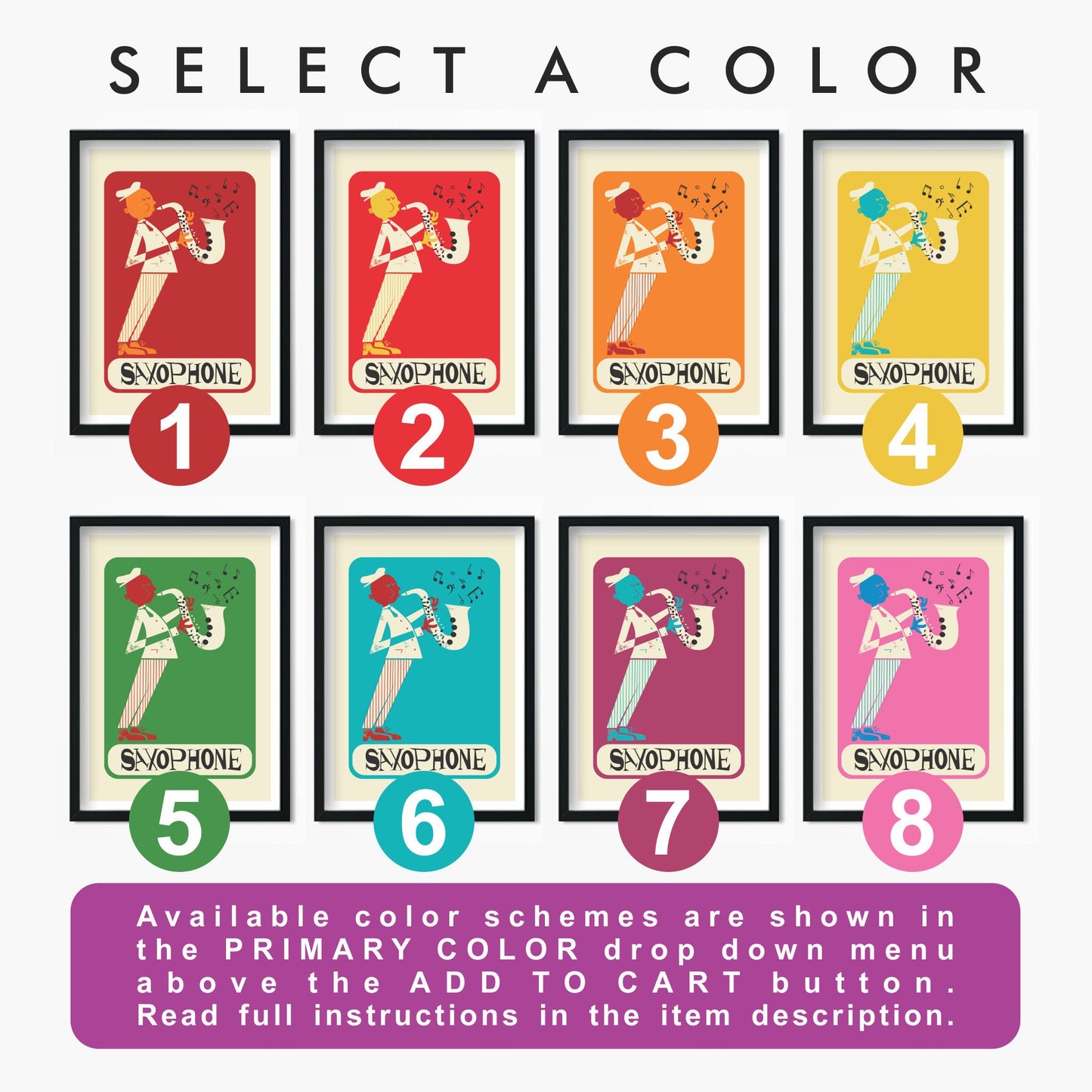 Jazz Instruments Poster, Saxophone Piano Drummer, Pick Your Color, Housewarming Gift