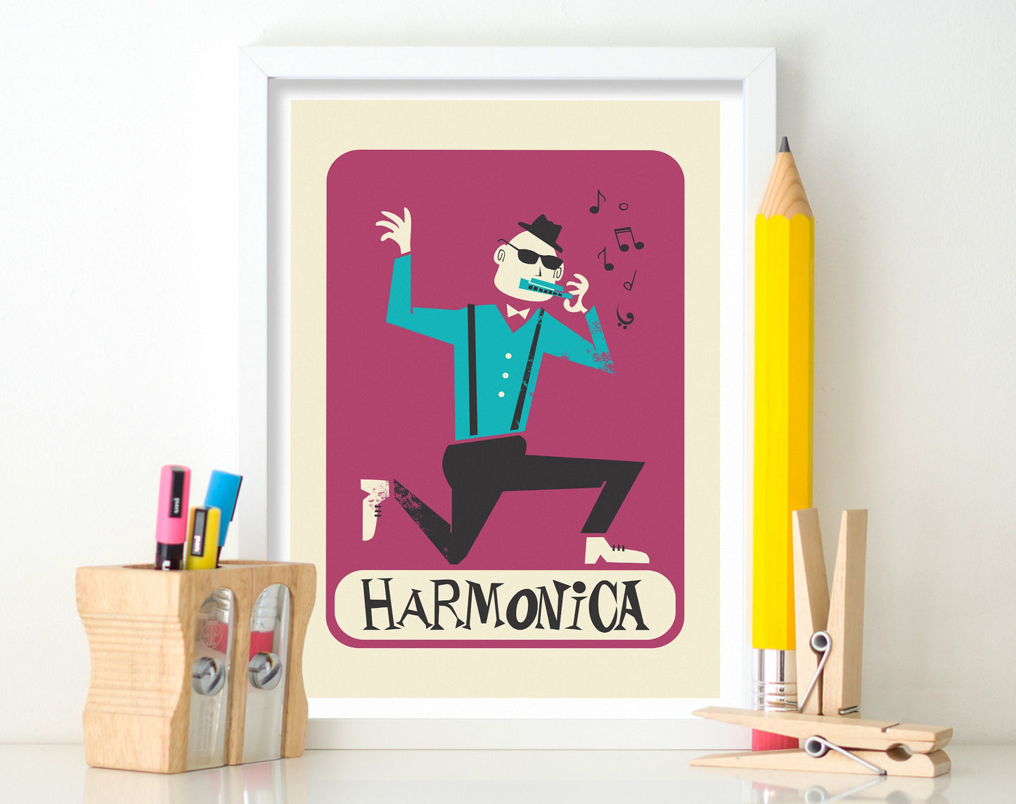 Funny Harmonica Poster, Country Music Gift Illustration, Son Bedroom Original Artwork