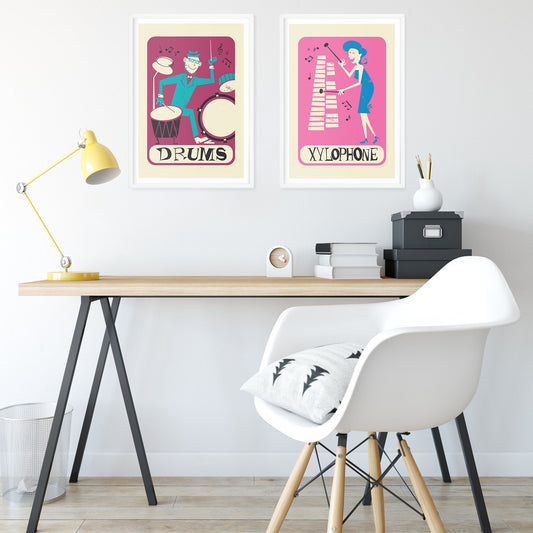 Set of Two Posters, Music Prints Xylophone and Drums, Add Your Favourite Names