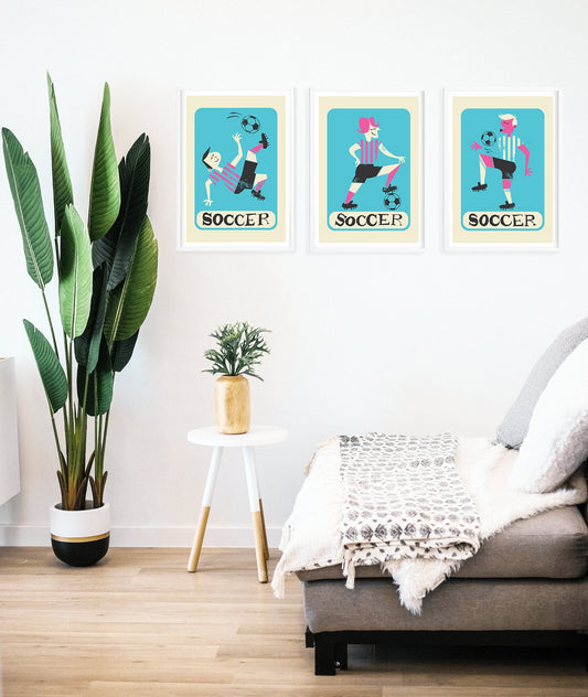 Men's Soccer Team Set Of Posters, Football Player Vintage Prints, Sport Lovers Teammate