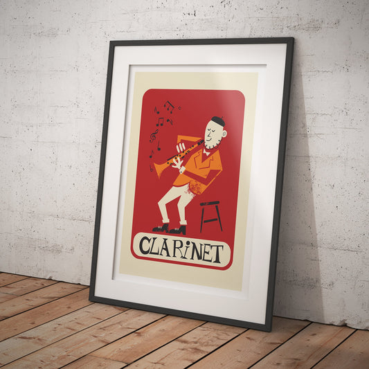 Clarinetist Poster, Clarinet Mid 50s Illustration Print, Personalize & Pick Your Color