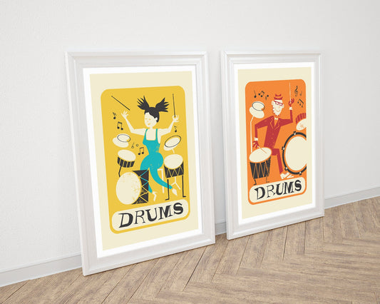 Set of Two Music Prints, Drummer Girl and Boy, Home Office Decor Artwork