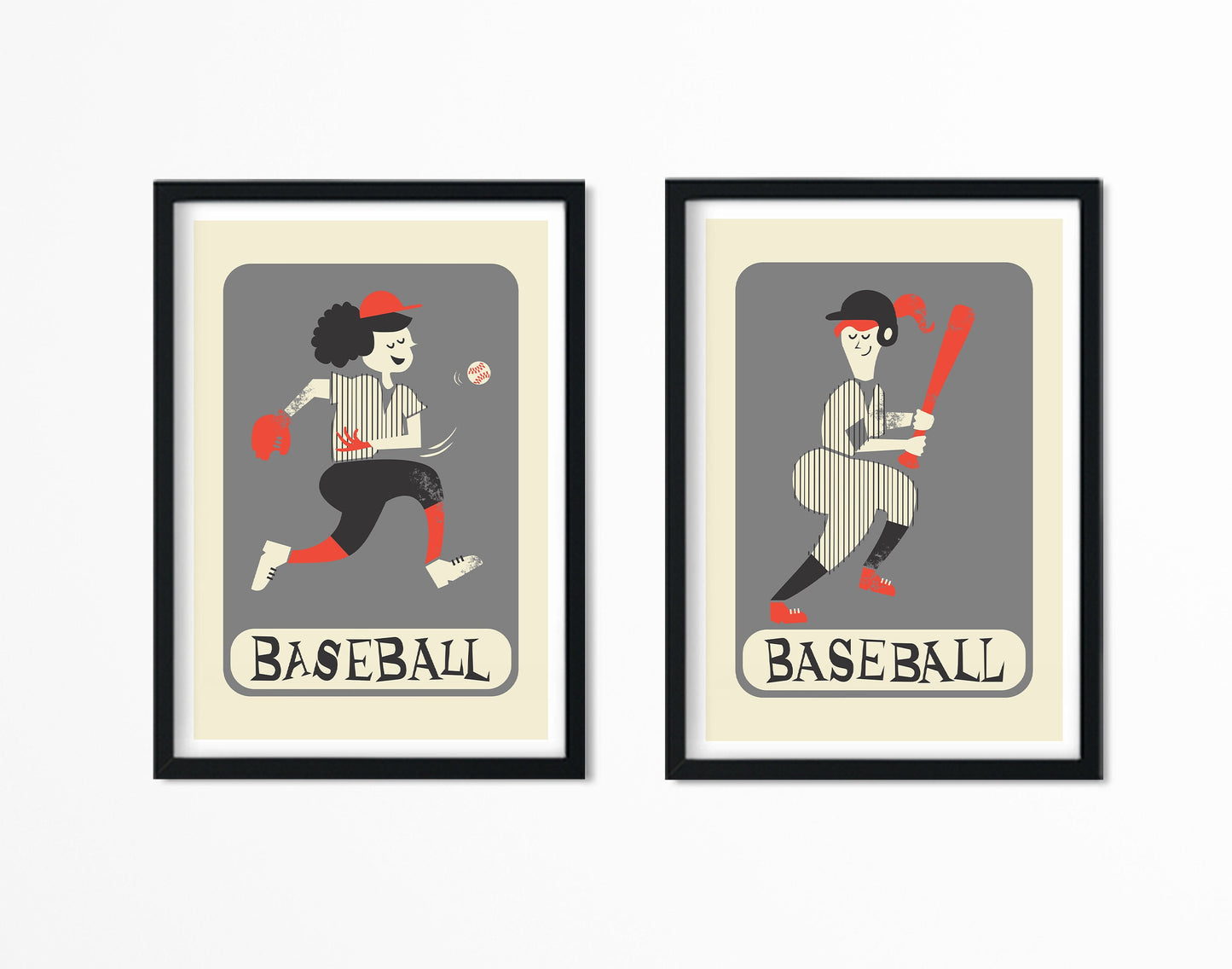 Set Of Two Baseball Players, Mid 50s Classic Posters, Pitcher Batter Girls, Christmas Gift Art