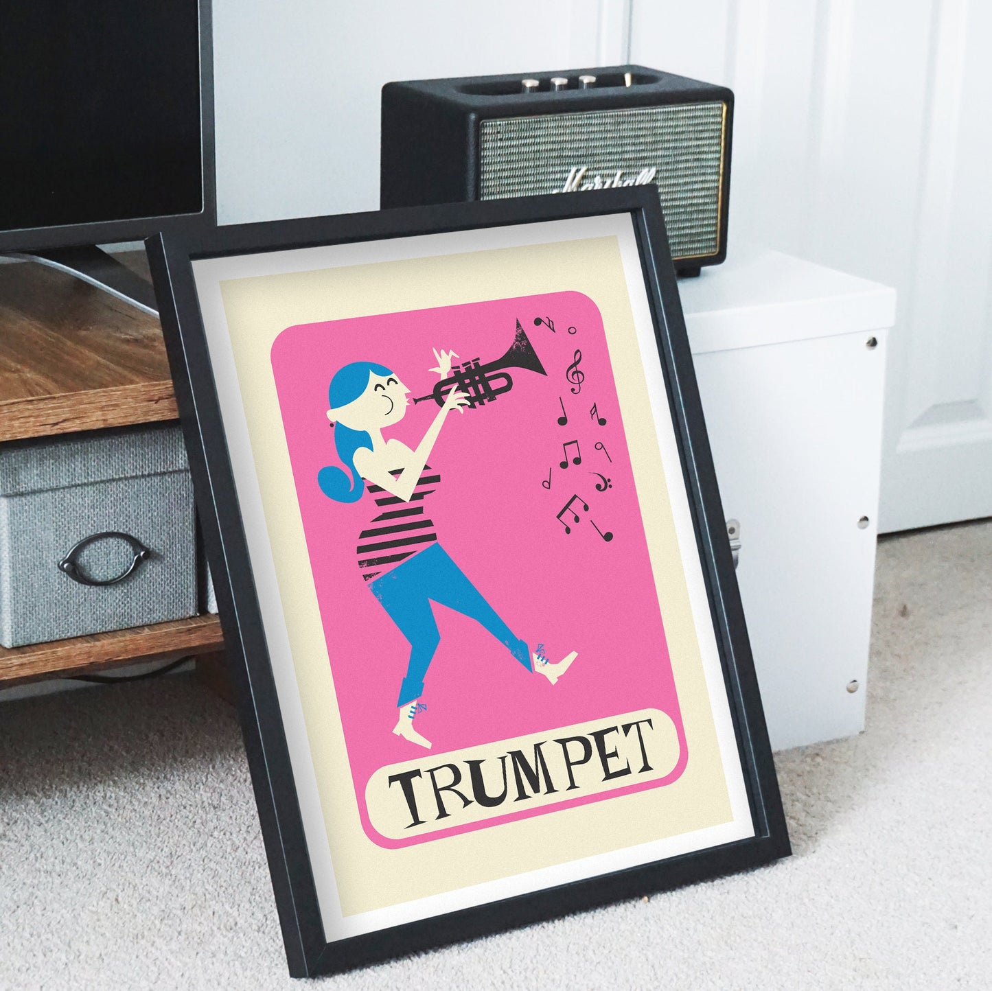 Girl Playing Trumpet Poster, Musician Hot Pink Art Gift, Custom Children's Name Graduation