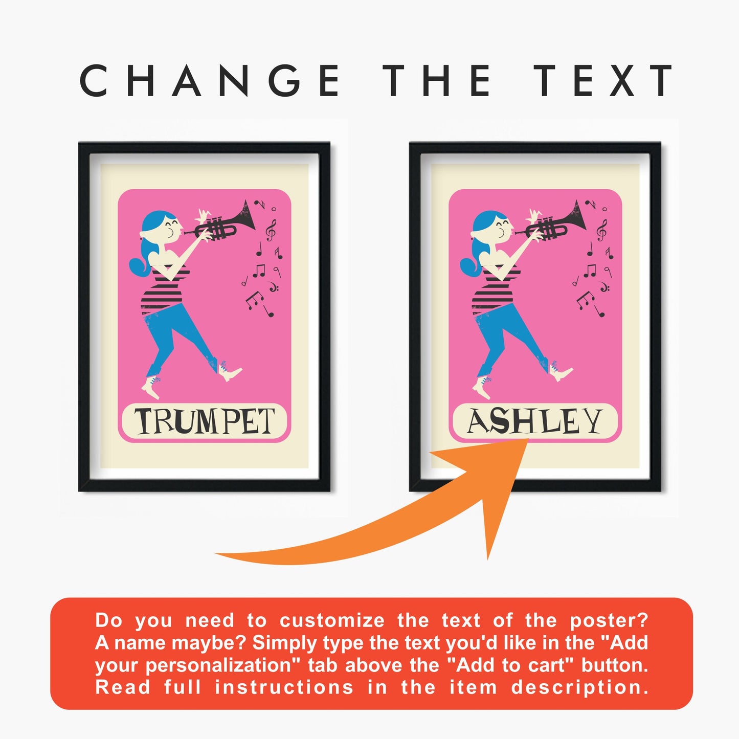 Music Gift Set of Two Prints, Trumpet Players Posters, Pick Your Color And Names