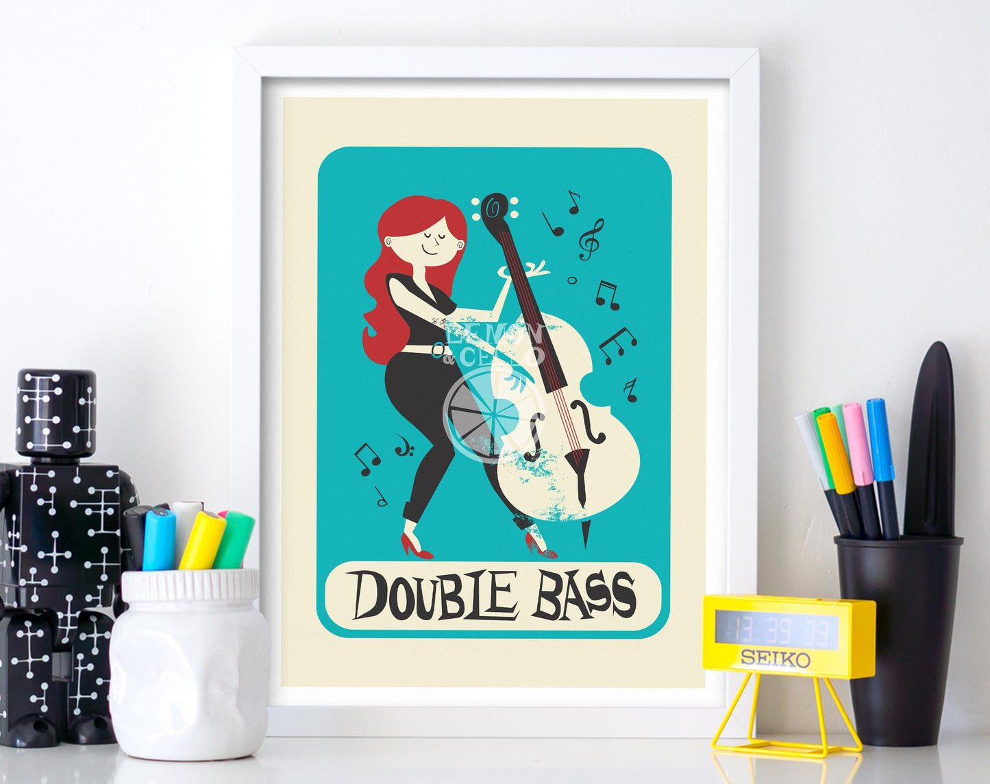 Double Bass Player Poster, Gift for Mama or Sister, Vintage Music Instrument Illustration