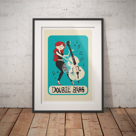 Double Bass Player Poster, Gift for Mama or Sister, Vintage Music Instrument Illustration
