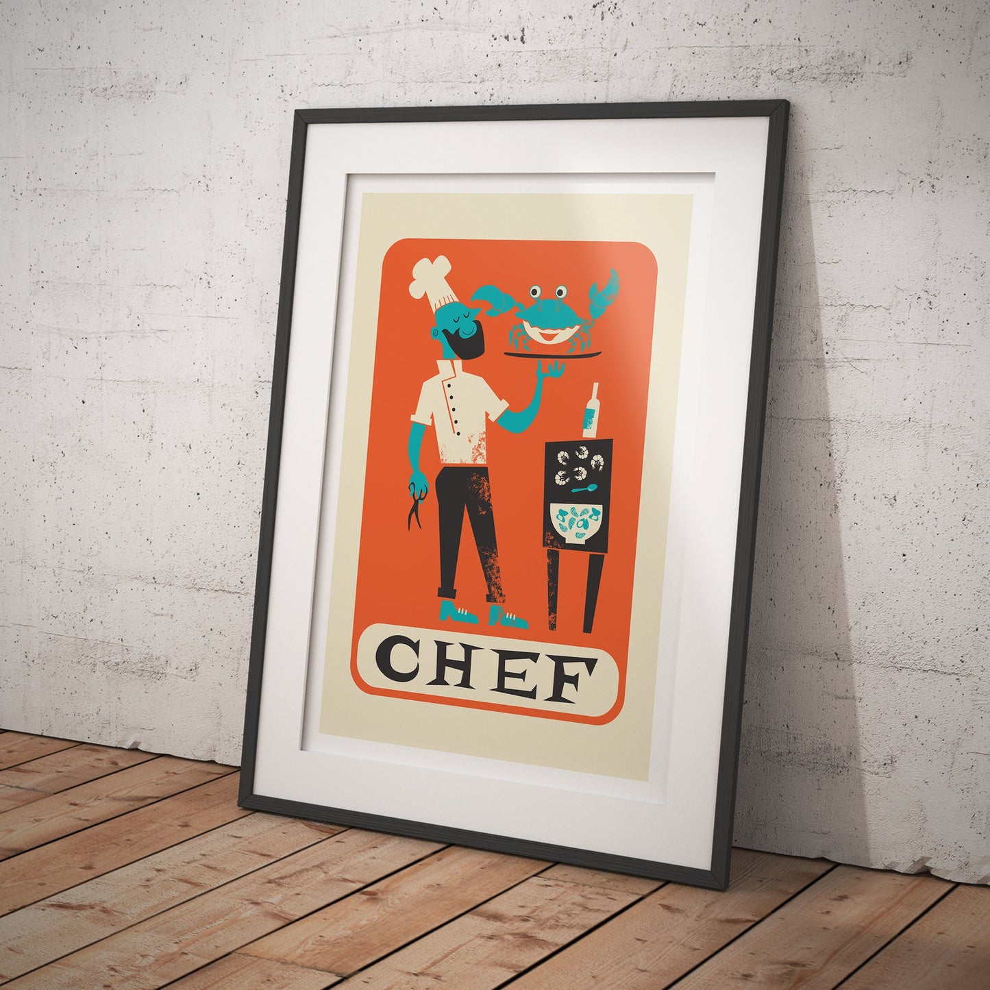 Cooking Print, Cool Chef Poster, Fun Kitchen Art Chef And Crab, Modern Aesthetic Kitchen Decor