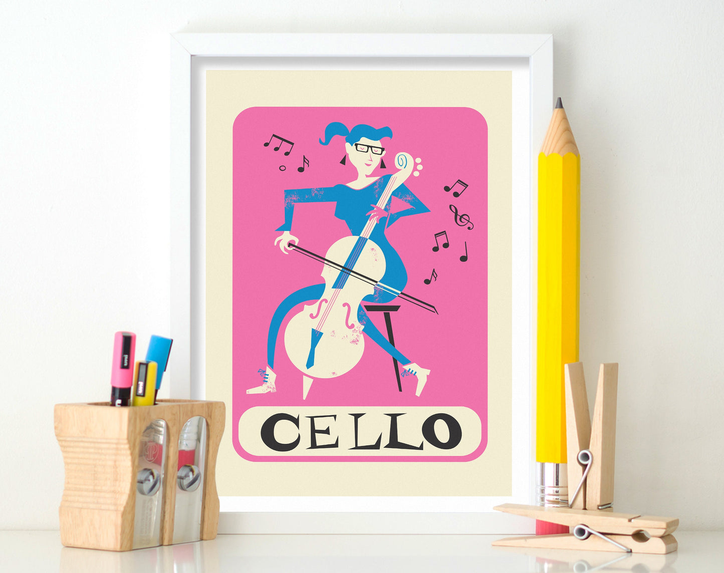 Cello Print, Personalized Home Office Decor, Gift for Cellists, Mid Century Artwork