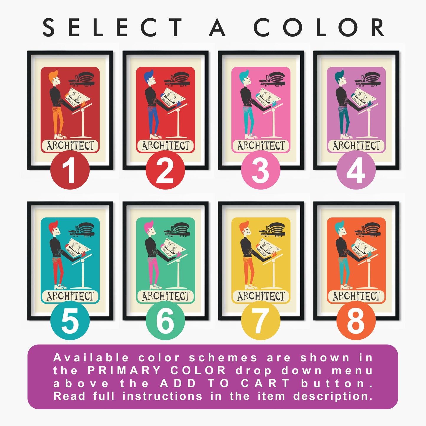 Gift For Architect Poster, Retro Mid Century Modern Print, Choose Your Colors