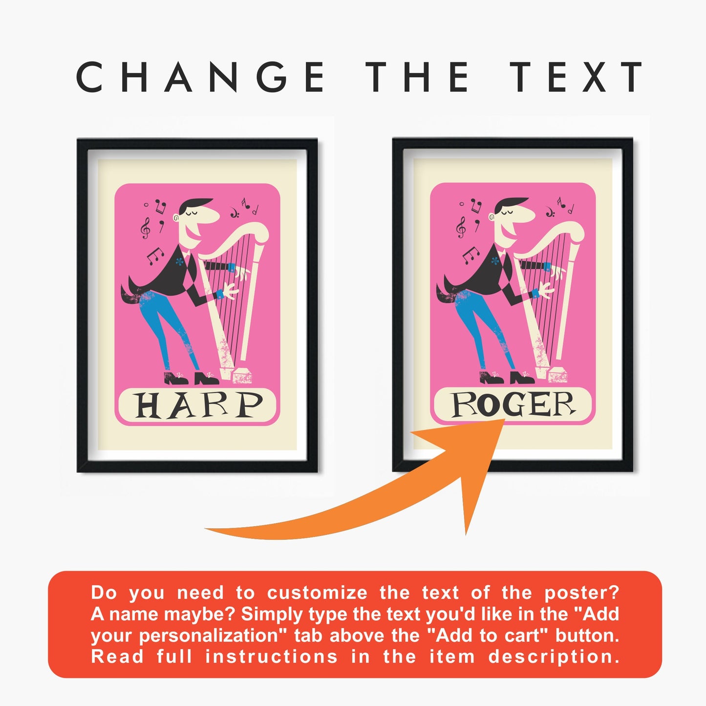 Set of Two Harp Prints, Fun Colorful Kids Bedroom Decor, Add Your Favourite Names, Music Student Gift