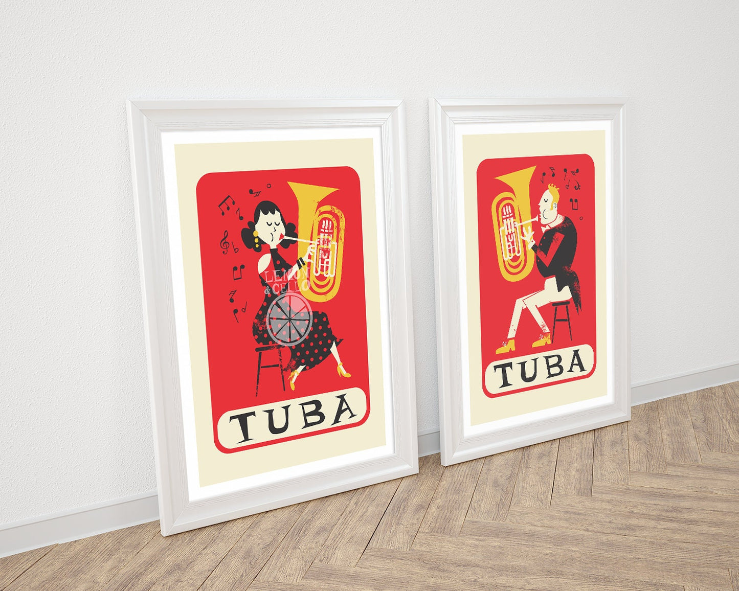 Set Of 2 Tuba Player Posters, Mid 50s Art Prints, Music Studio Wall Hangings, Orchestra Brass