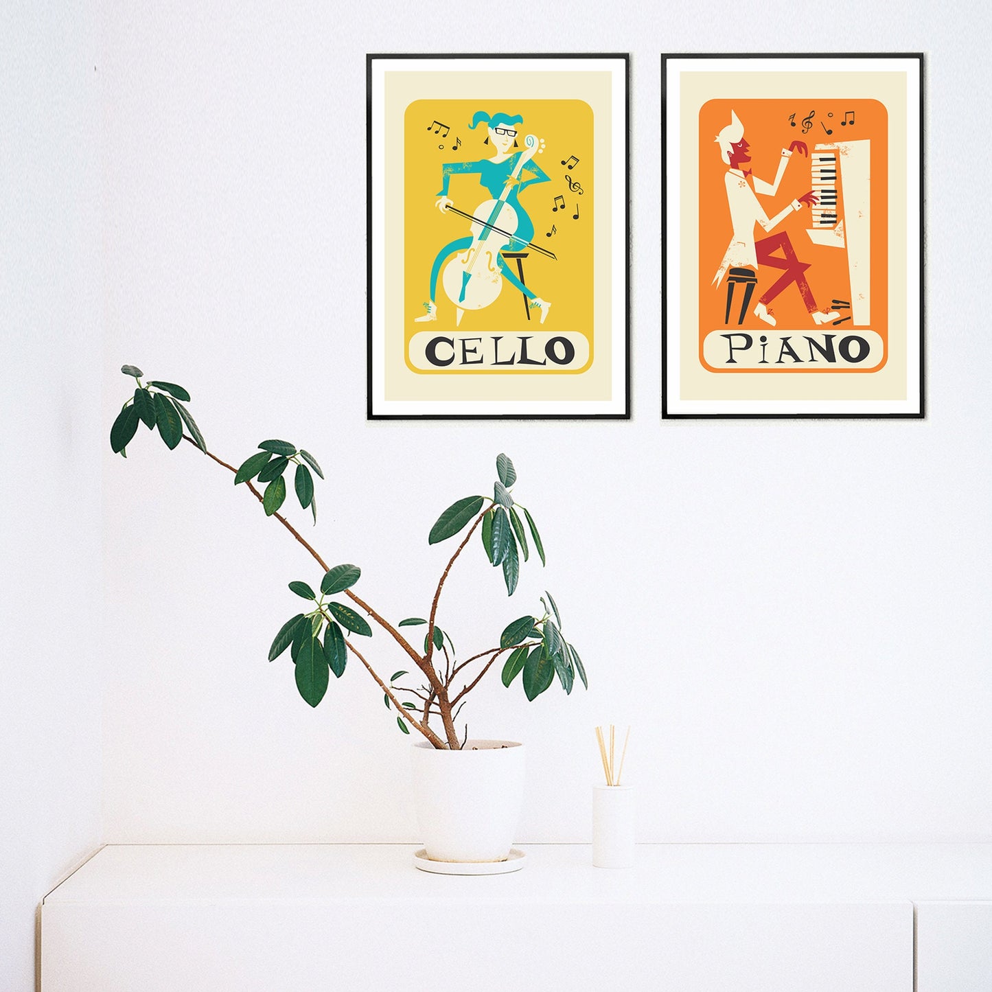 Music Gift Set of Two Posters, Cello and Piano Prints, Bedroom Wall Art Decor Orange Yellow