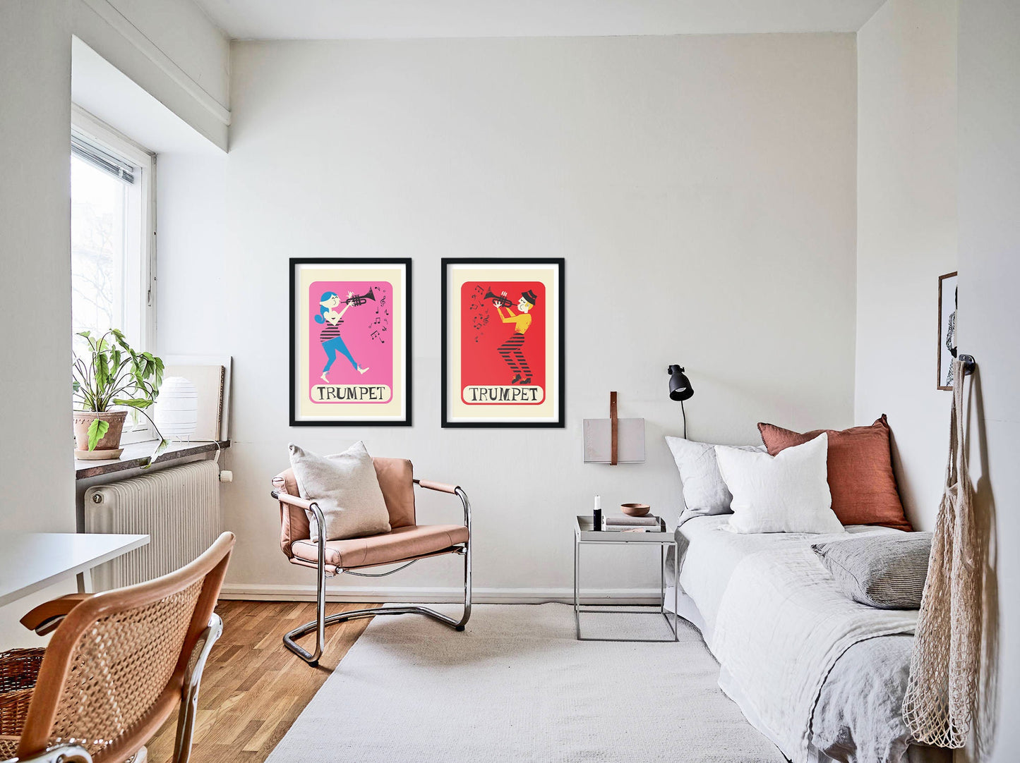 Music Gift Set of Two Prints, Trumpet Players Posters, Pick Your Color And Names