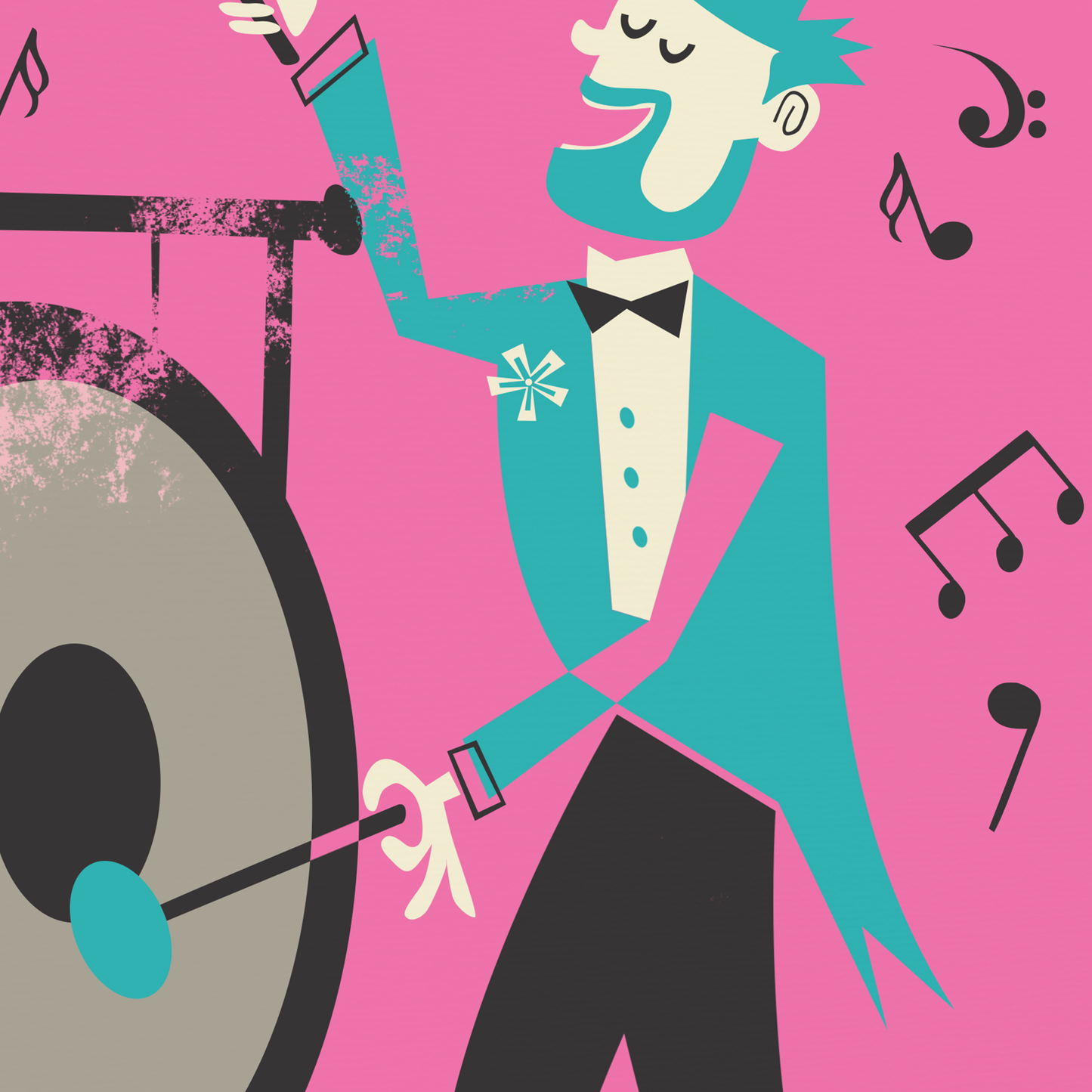 Gong Player Print, Musician Wall Art, Pop Art Poster, Mid Century Music Decor