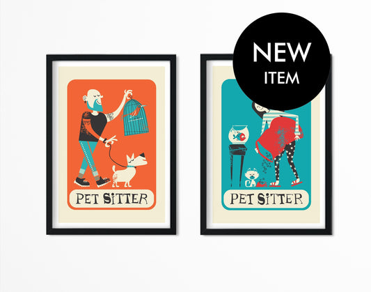 Set Of Pet Sitters Posters, Mid 50s Style Wall Decoration, Dog Cat Fish Bird Sitter