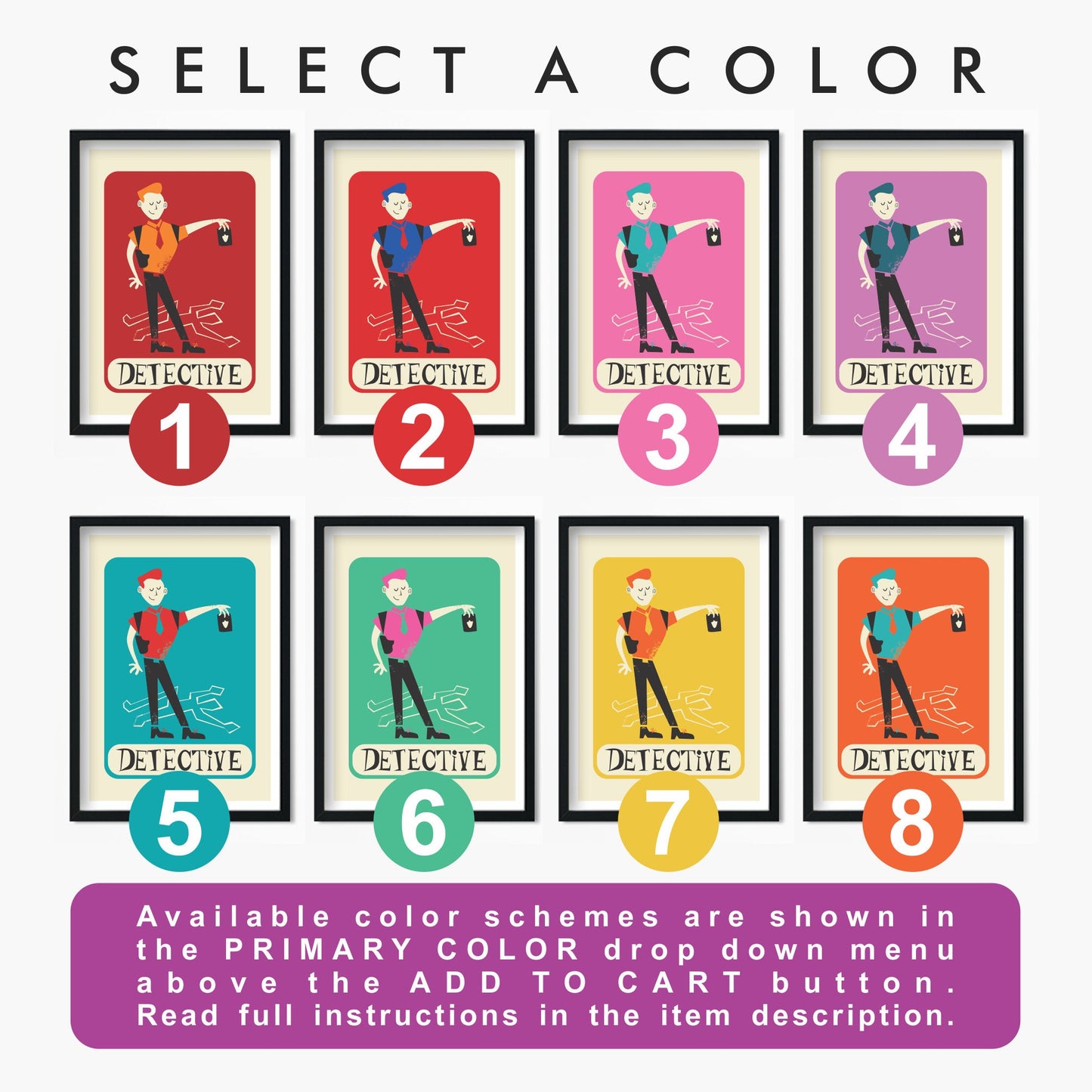 Detective Illustration Poster, Funny Gift For Detective, Select Colors Change Text