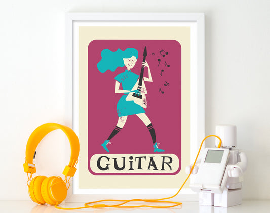 Girl Playing Electric Guitar Poster, Music Room Decor