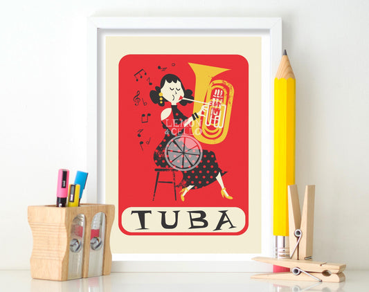 Illustrated Tuba Poster, Lady Playing The Tuba, Christmas Gift, Mid Century Modern Print
