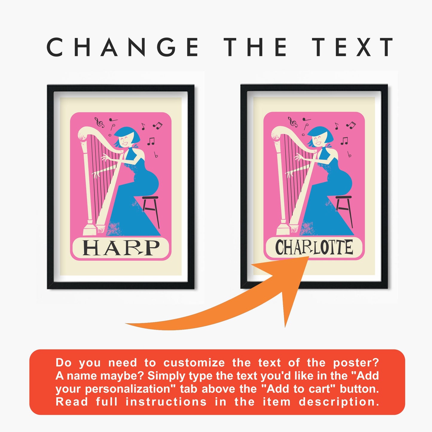 Harp Player Vintage Poster Print, Pink & Blue, Woman Gown