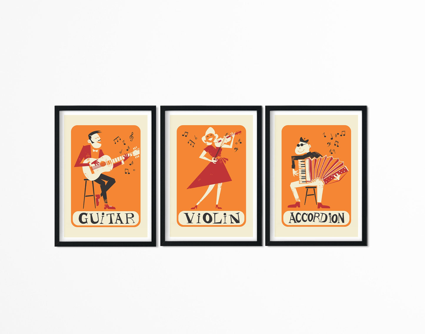 Set of 3 Posters, Violin Accordion Guitar Retro Prints, Gift for Grandfather, Tango Band