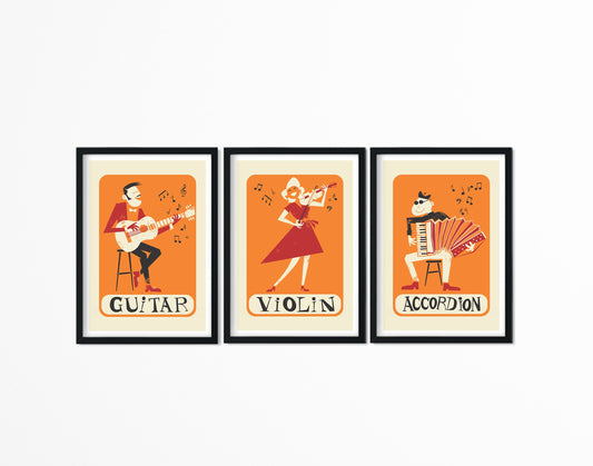 Set of 3 Posters, Violin Accordion Guitar Retro Prints, Gift for Grandfather, Tango Band