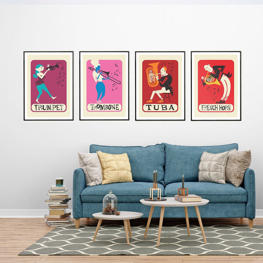 Set Of 4 Posters, Trumpet, Trombone, Tuba & French Horn, Brass Instruments