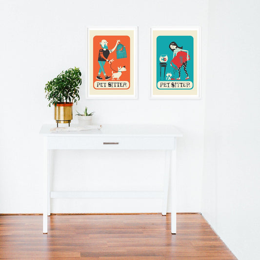Set Of Pet Sitters Posters, Mid 50s Style Wall Decoration, Dog Cat Fish Bird Sitter