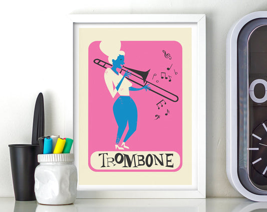 Trombone Poster, Mid Century Modern, Brass Instrument, Hot Pink Room Decor