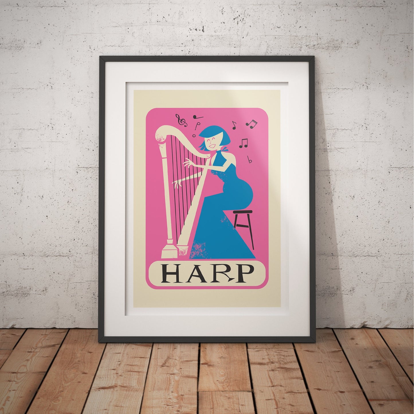 Harp Player Vintage Poster Print, Pink & Blue, Woman Gown