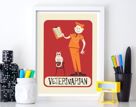 Print Gift For Veterinarian, Funny Animal Cat Pet, Vintage Mid Century Modern