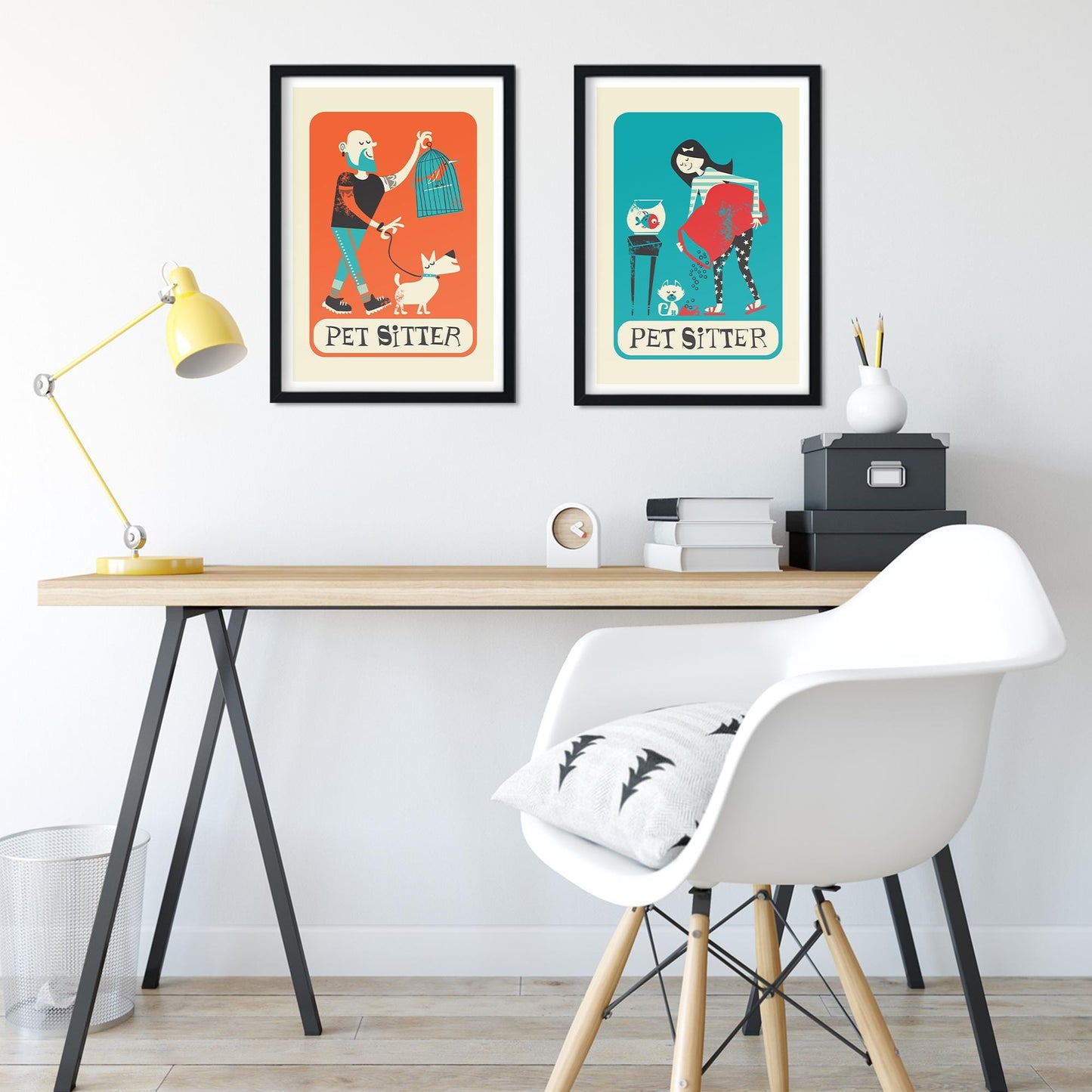 Set Of Pet Sitters Posters, Mid 50s Style Wall Decoration, Dog Cat Fish Bird Sitter