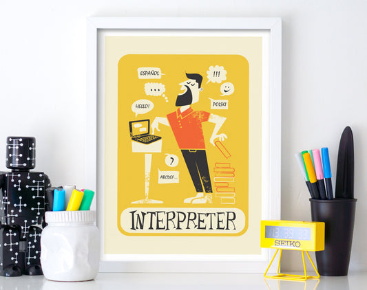 Funny Interpreter Print, Poster For Translator, Yellow Orange Unique Art Gift
