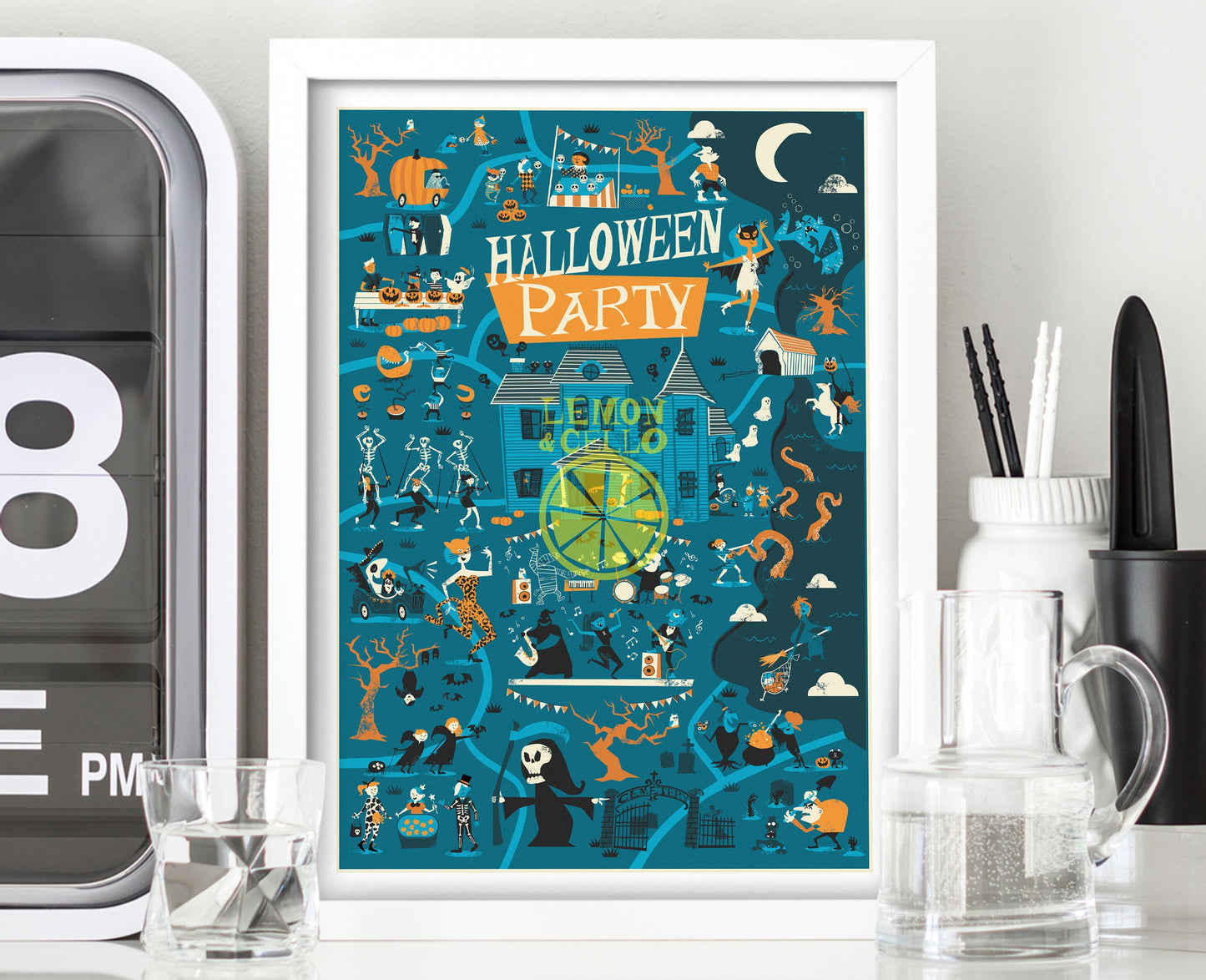Halloween Poster, Spooky Halloween Decor, Vintage Style Print, Ghost Spider Skeleton