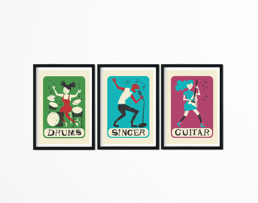Rock Band Set Of 3 Posters, Drumer Singer Guitar Vintage Looking Prints, Christmas Hanukkah Gift