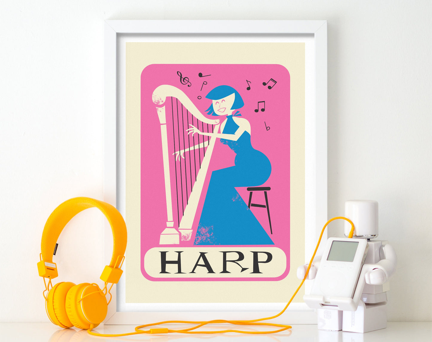 Harp Player Vintage Poster Print, Pink & Blue, Woman Gown