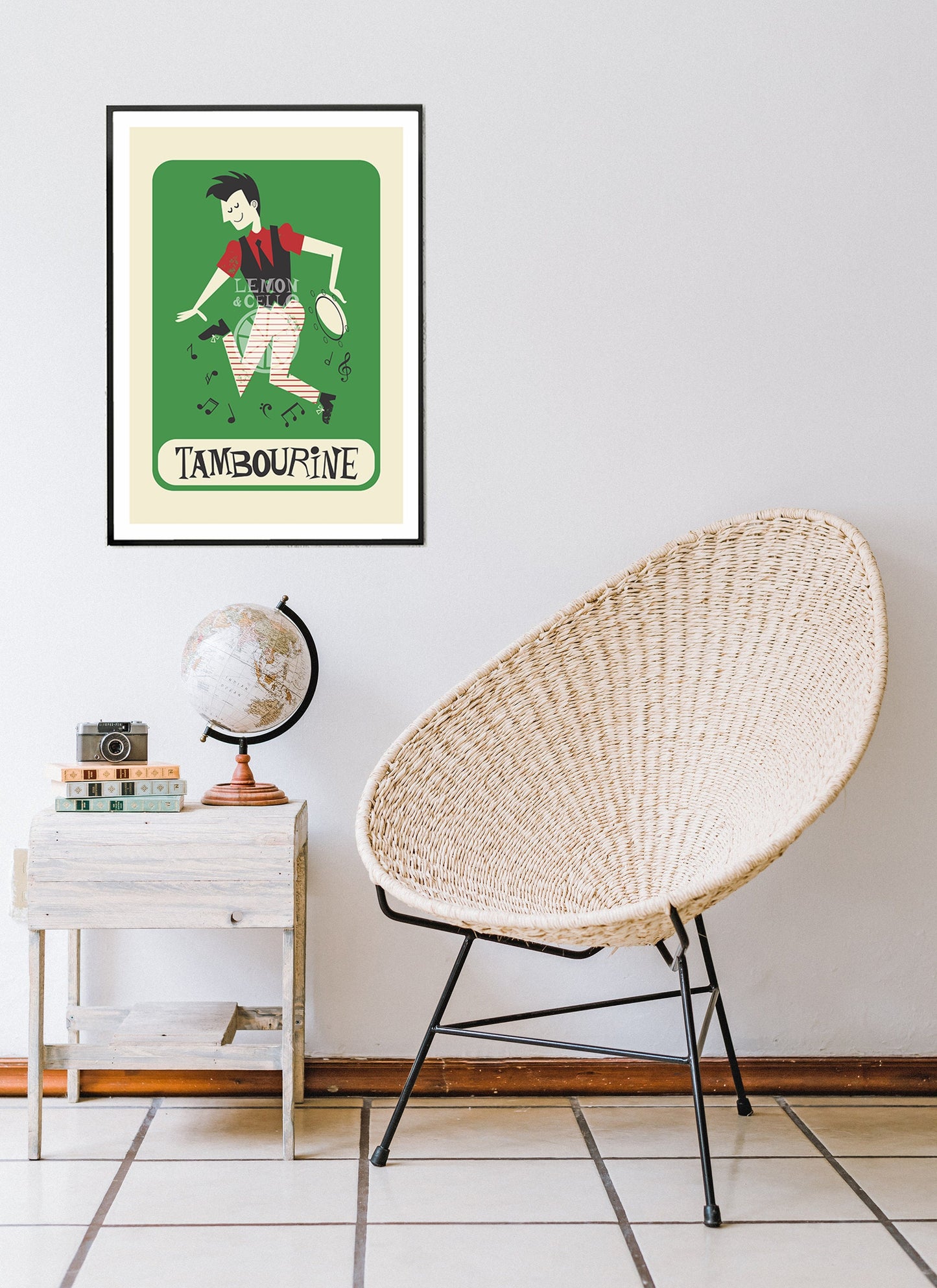Tambourine Artwork Boy Jumping, Mid Century Print Poster Instrument