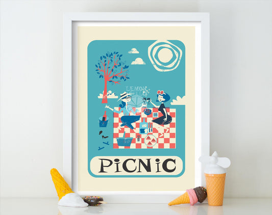 Picnic Holiday Poster, Wine Olives Watermelon Bread Cheese Strawberry and Tomato Art, Summer Gift For Mom