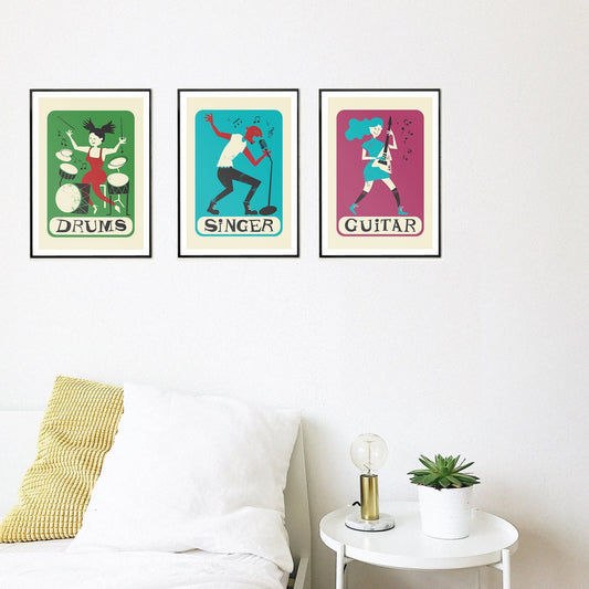 Rock Band Set Of 3 Posters, Drumer Singer Guitar Vintage Looking Prints, Christmas Hanukkah Gift