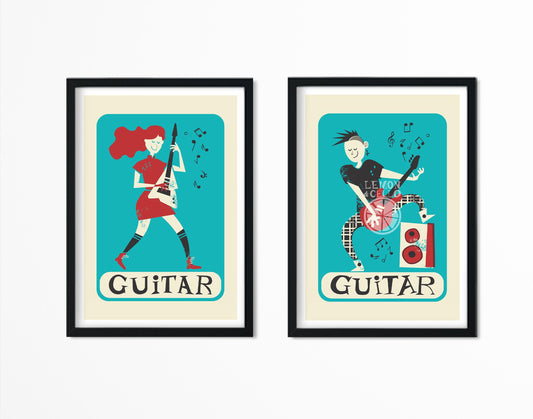 Set of Two Guitar Posters, Electric Guitar Indie Rock Players, Gift For Guitarists