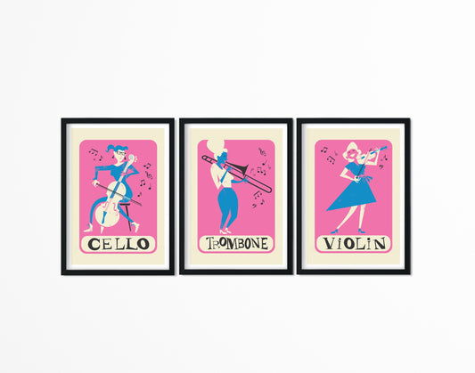 Set of 3 Music Prints, Classic Instruments, Cello Trombone Violin, Posters Retro Style, Christmas Gift