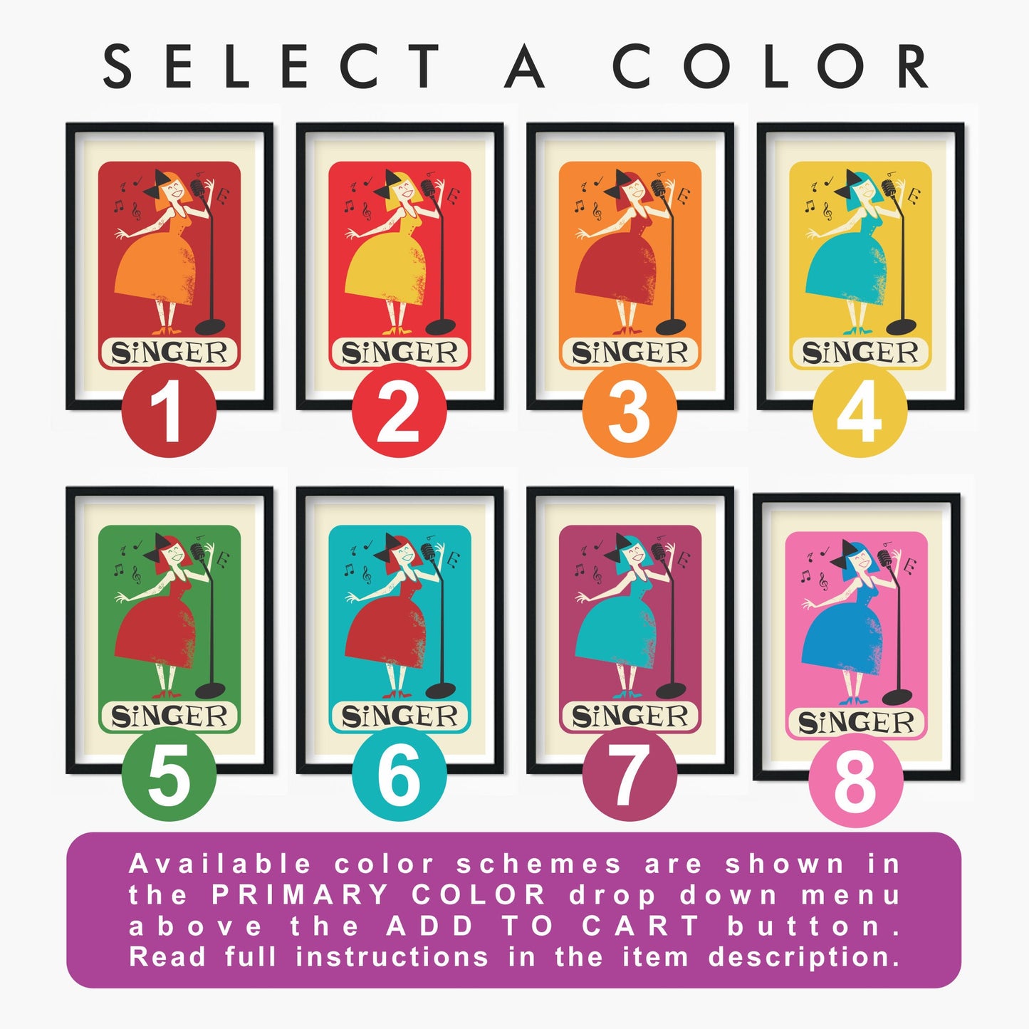 Girl Singing Poster, Mid Century Modern, Personalized Gift for Musician, Retro Microphone
