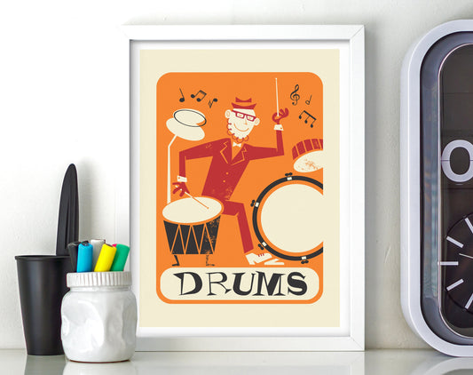 Drummer Player Vintage Retro Poster, Drums Music Room Print, Rock Gift