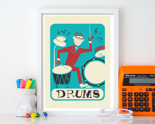 Drums Art Poster, Funny Vintage Retro Band Drummer