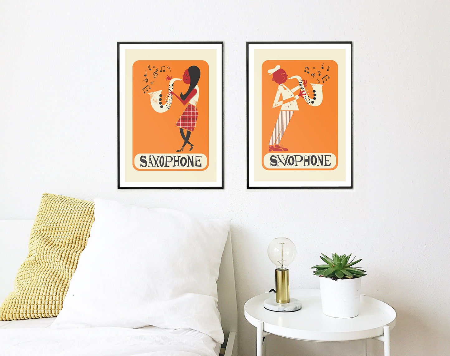 Set Of Two Saxophone Posters, Wall Art Jazz Music Prints, Personalised Names