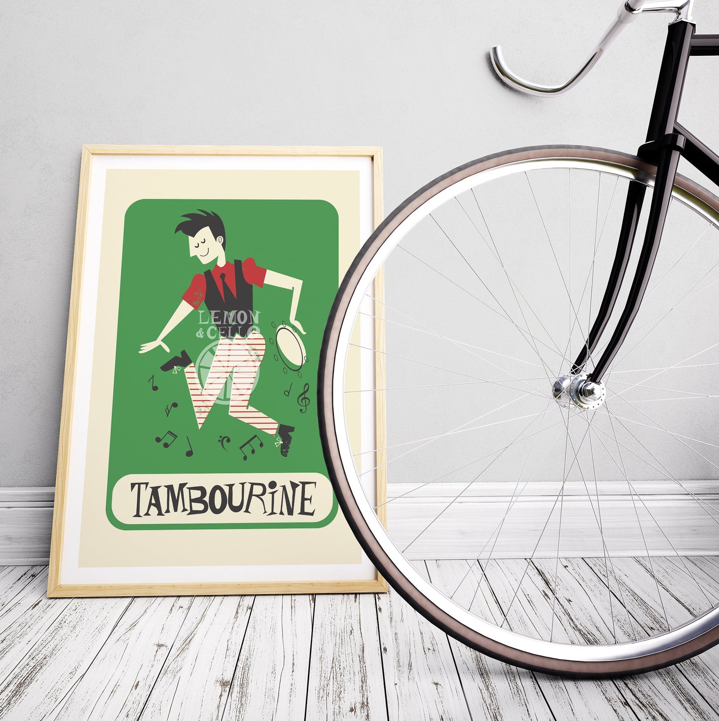 Tambourine Artwork Boy Jumping, Mid Century Print Poster Instrument