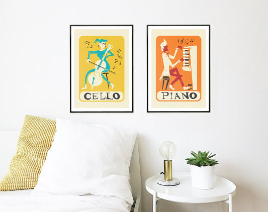 Music Gift Set of Two Posters, Cello and Piano Prints, Bedroom Wall Art Decor Orange Yellow