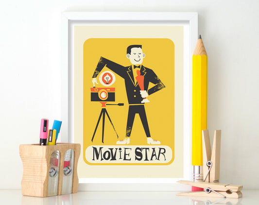 Funny Personalized Movie Star Poster, Broadway Theater Actor Gift, Vintage Mid Century Modern Decor